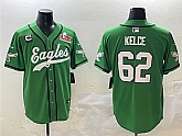 Men's Philadelphia Eagles #62 Jason Kelce Green 2025 Super Bowl LIX And 3-Star C Patch Stitched Baseball Jersey,baseball caps,new era cap wholesale,wholesale hats
